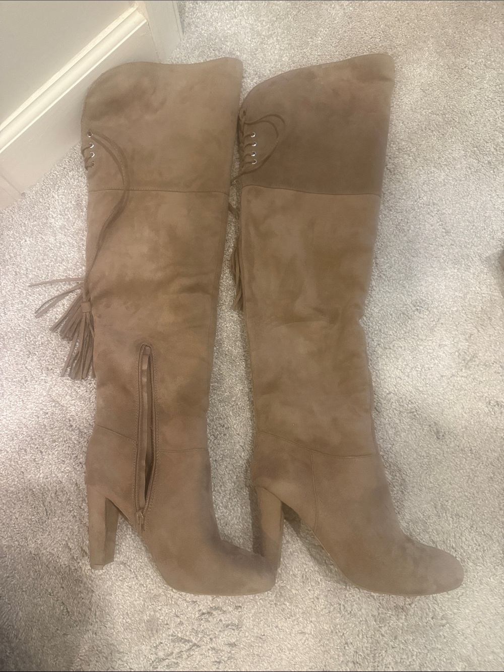 Women's Over-the-Knee Faux Suede Heeled Boots in Taupe